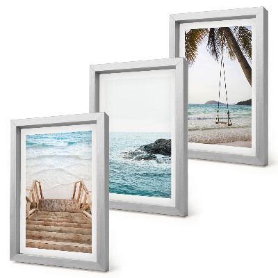 Triptych v ráme Schody na pláž, výhľad na more a hojdačka v tvare palmy