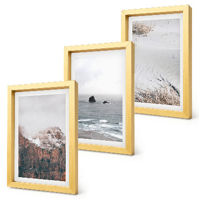 Triptych v ráme Hory, oblaky, more a piesok v prírodných odtieňoch