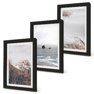 Triptych v ráme Hory, oblaky, more a piesok v prírodných odtieňoch