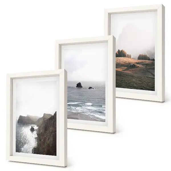 Horské a morské krajiny s oblakmi a lesmi triptych v ráme