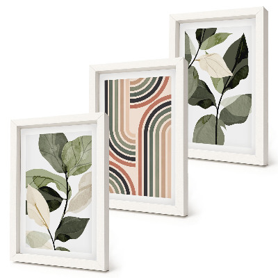 Triptych v ráme Rastlinné motívy s geometrickými vzormi v odtieňoch zelenej