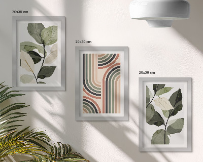 Triptych v ráme Rastlinné motívy s geometrickými vzormi v odtieňoch zelenej