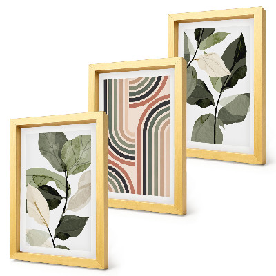 Triptych v ráme Rastlinné motívy s geometrickými vzormi v odtieňoch zelenej