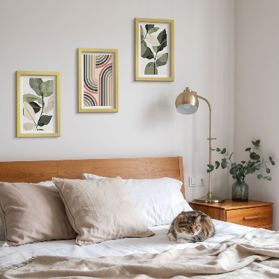 Triptych v ráme Rastlinné motívy s geometrickými vzormi v odtieňoch zelenej