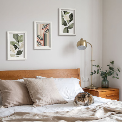 Triptych v ráme Rastlinné motívy s geometrickými vzormi v odtieňoch zelenej