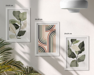 Triptych v ráme Rastlinné motívy s geometrickými vzormi v odtieňoch zelenej