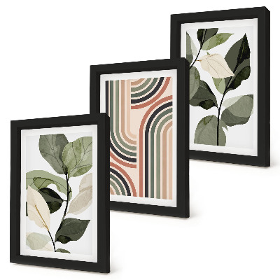 Triptych v ráme Rastlinné motívy s geometrickými vzormi v odtieňoch zelenej