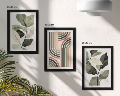 Triptych v ráme Rastlinné motívy s geometrickými vzormi v odtieňoch zelenej