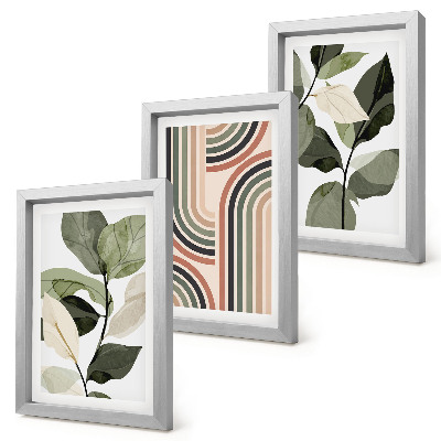 Triptych v ráme Rastlinné motívy s geometrickými vzormi v odtieňoch zelenej