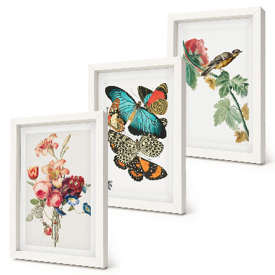 Triptych v ráme Kvety, motýle a vták v pastelových odtieňoch