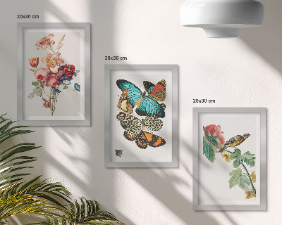 Triptych v ráme Kvety, motýle a vták v pastelových odtieňoch