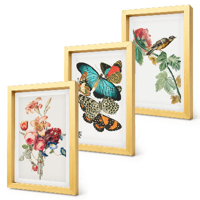 Triptych v ráme Kvety, motýle a vták v pastelových odtieňoch