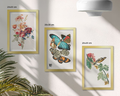 Triptych v ráme Kvety, motýle a vták v pastelových odtieňoch