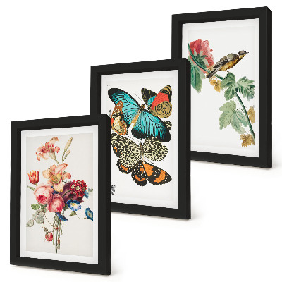 Triptych v ráme Kvety, motýle a vták v pastelových odtieňoch