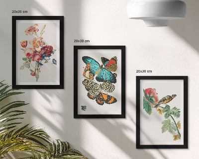 Triptych v ráme Kvety, motýle a vták v pastelových odtieňoch
