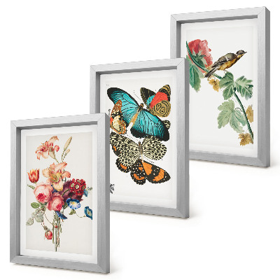 Triptych v ráme Kvety, motýle a vták v pastelových odtieňoch