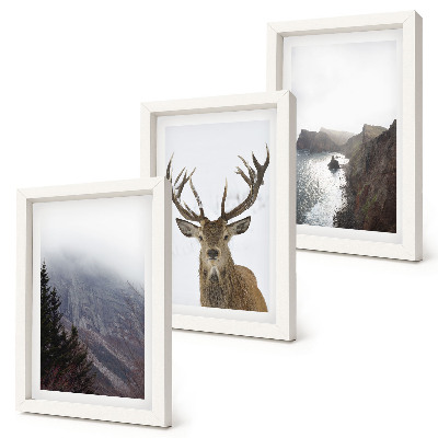 Triptych v ráme Horská krajina s hmlou, vodou a jeleňmi