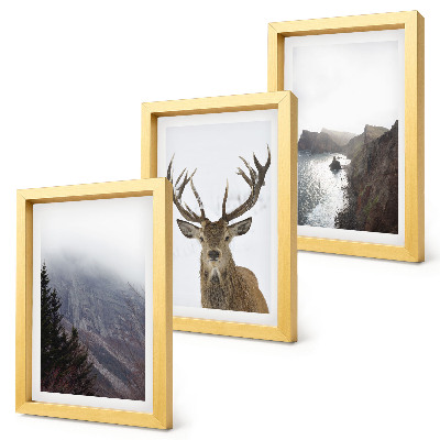 Triptych v ráme Horská krajina s hmlou, vodou a jeleňmi