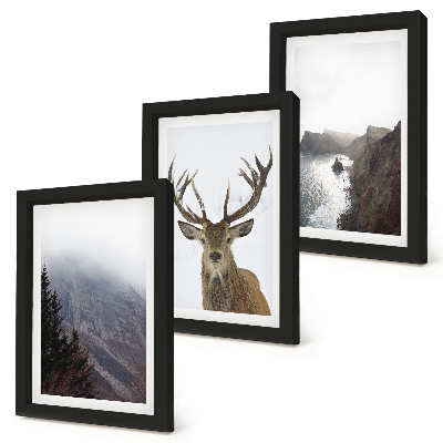 Triptych v ráme Horská krajina s hmlou, vodou a jeleňmi