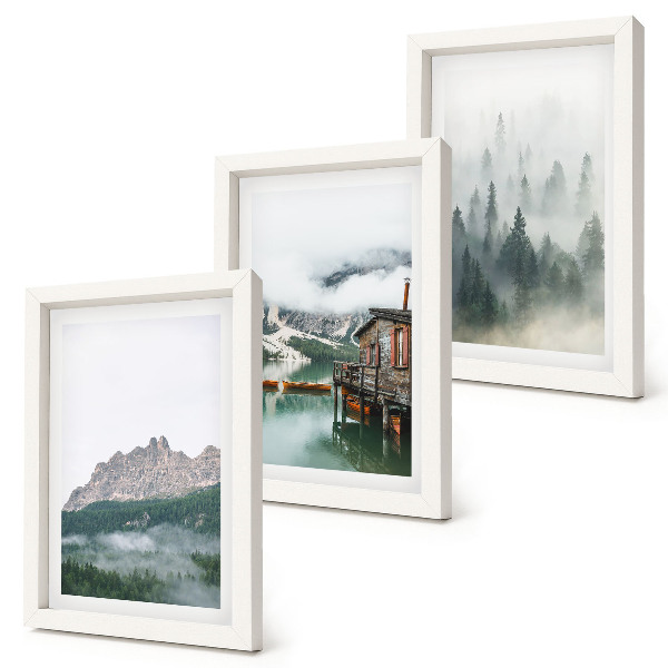 Triptych v ráme Hory, jazero, chata a hmla v lese