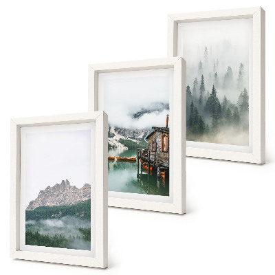 Triptych v ráme Hory, jazero, chata a hmla v lese