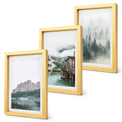 Triptych v ráme Hory, jazero, chata a hmla v lese