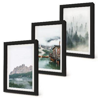 Triptych v ráme Hory, jazero, chata a hmla v lese