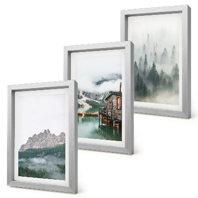 Triptych v ráme Hory, jazero, chata a hmla v lese