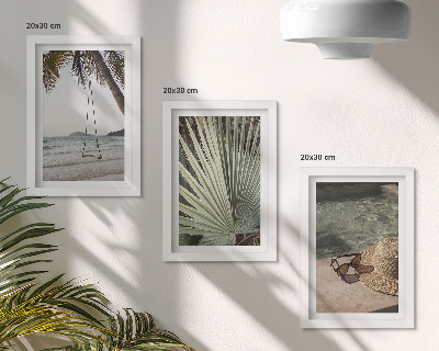 Triptych v ráme Dovolenka na pláži s hojdačkou z palmových listov
