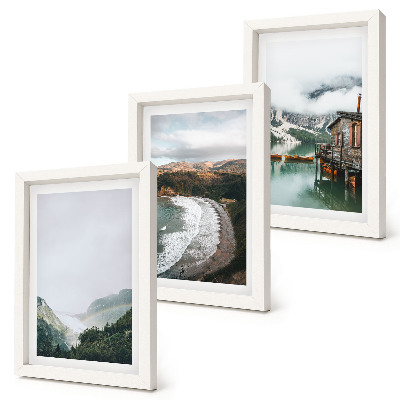 Triptych v ráme Výhľady na hory a pláž s oblakmi a vodou