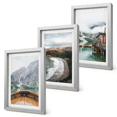 Triptych v ráme Výhľad na hory nad jazerom s loďou a plážovou krajinou
