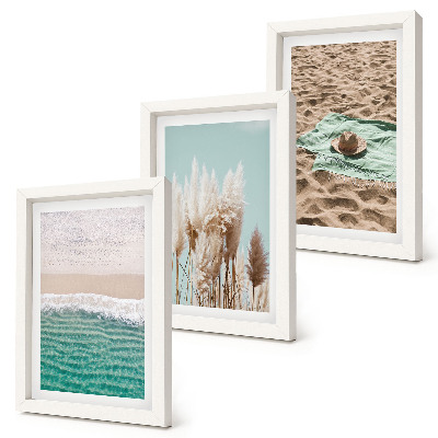 Triptych v ráme Pláž, vlny, tráva, klobúk, piesok, relax, príroda