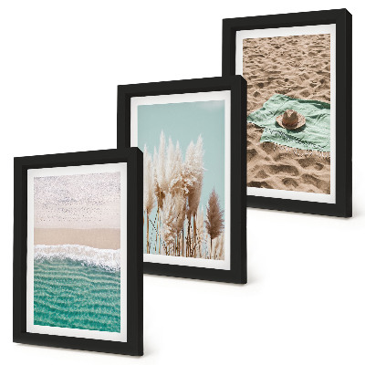 Triptych v ráme Pláž, vlny, tráva, klobúk, piesok, relax, príroda