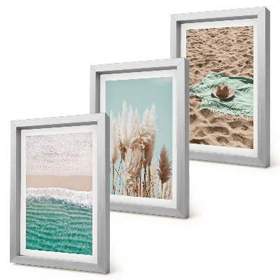 Triptych v ráme Pláž, vlny, tráva, klobúk, piesok, relax, príroda