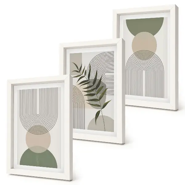 Abstraktné tvary v odtieňoch zelenej a béžovej triptych v ráme