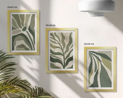 Triptych maľovaných listov v odtieňoch zelenej v ráme