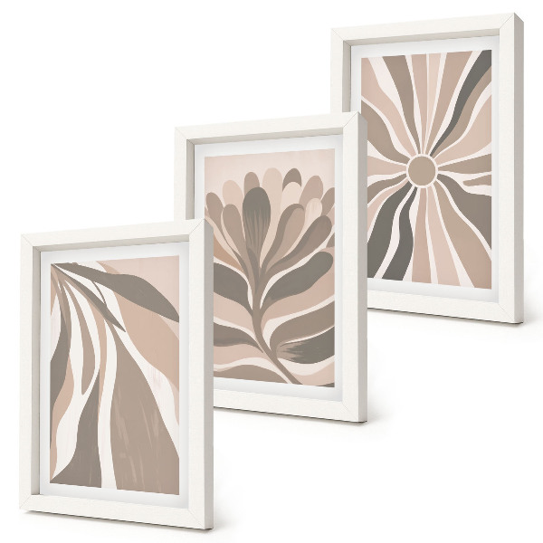 Triptych v ráme Abstraktné rastlinné vzory v odtieňoch béžovej a hnedej