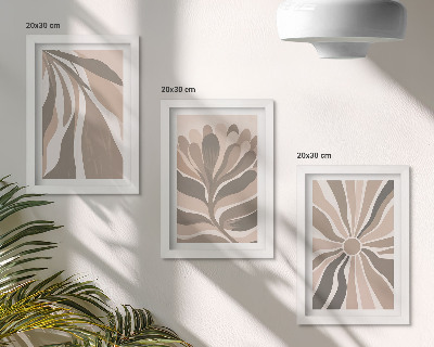 Triptych v ráme Abstraktné rastlinné vzory v odtieňoch béžovej a hnedej