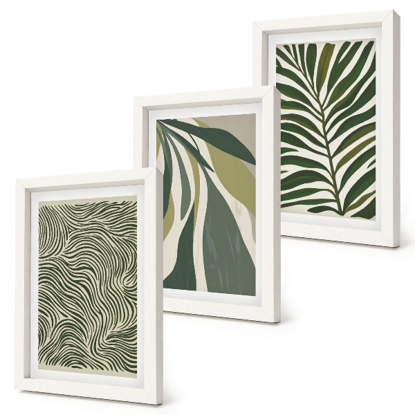 Triptych v ráme Vzory listov a vlnité čiary v odtieňoch zelenej