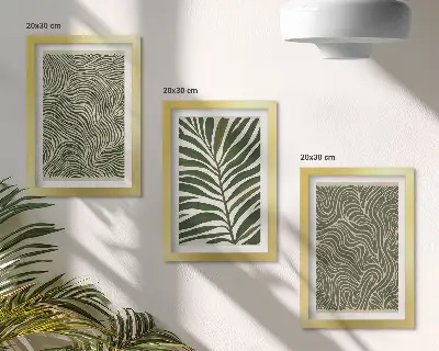 Abstraktné vzory s listami a vlnitými tvarmi triptych v ráme