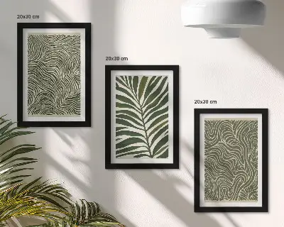 Abstraktné vzory s listami a vlnitými tvarmi triptych v ráme