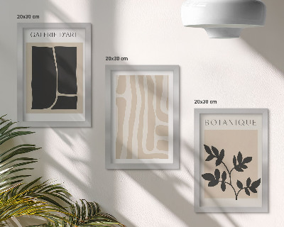 Triptych v ráme Abstraktné tvary a rastlinné motívy v neutrálnych tónoch