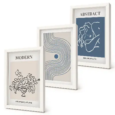 Triptych v ráme plagáty s motívom kvetov, čiar a abstraktných tvarov