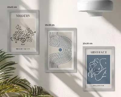 Triptych v ráme plagáty s motívom kvetov, čiar a abstraktných tvarov