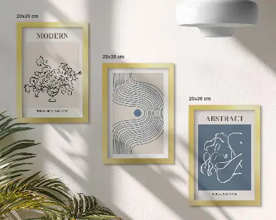 Triptych v ráme plagáty s motívom kvetov, čiar a abstraktných tvarov