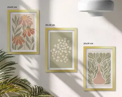 Triptych v ráme s kvetinovými motívmi a minimalistickými vzormi v boho štýle
