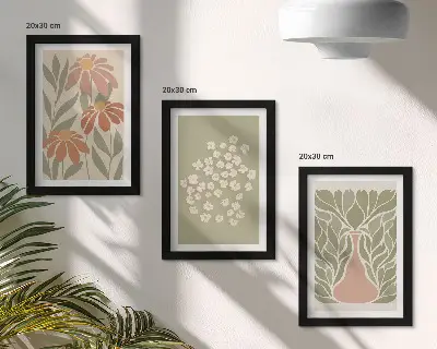 Triptych v ráme s kvetinovými motívmi a minimalistickými vzormi v boho štýle