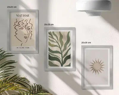 Abstraktné rastlinné vzory a čiary v tlmených farbách triptych v ráme