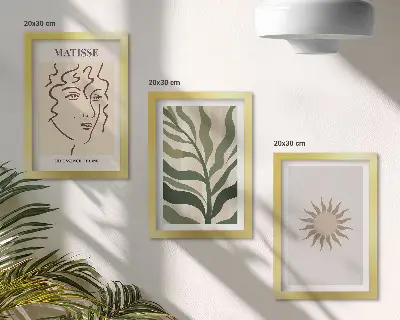Abstraktné rastlinné vzory a čiary v tlmených farbách triptych v ráme
