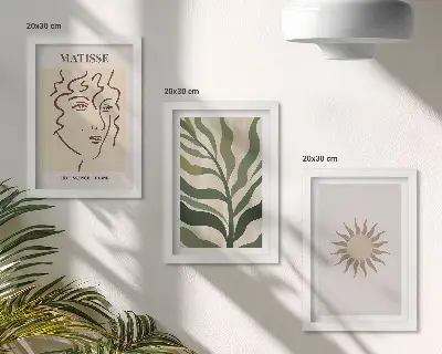 Abstraktné rastlinné vzory a čiary v tlmených farbách triptych v ráme